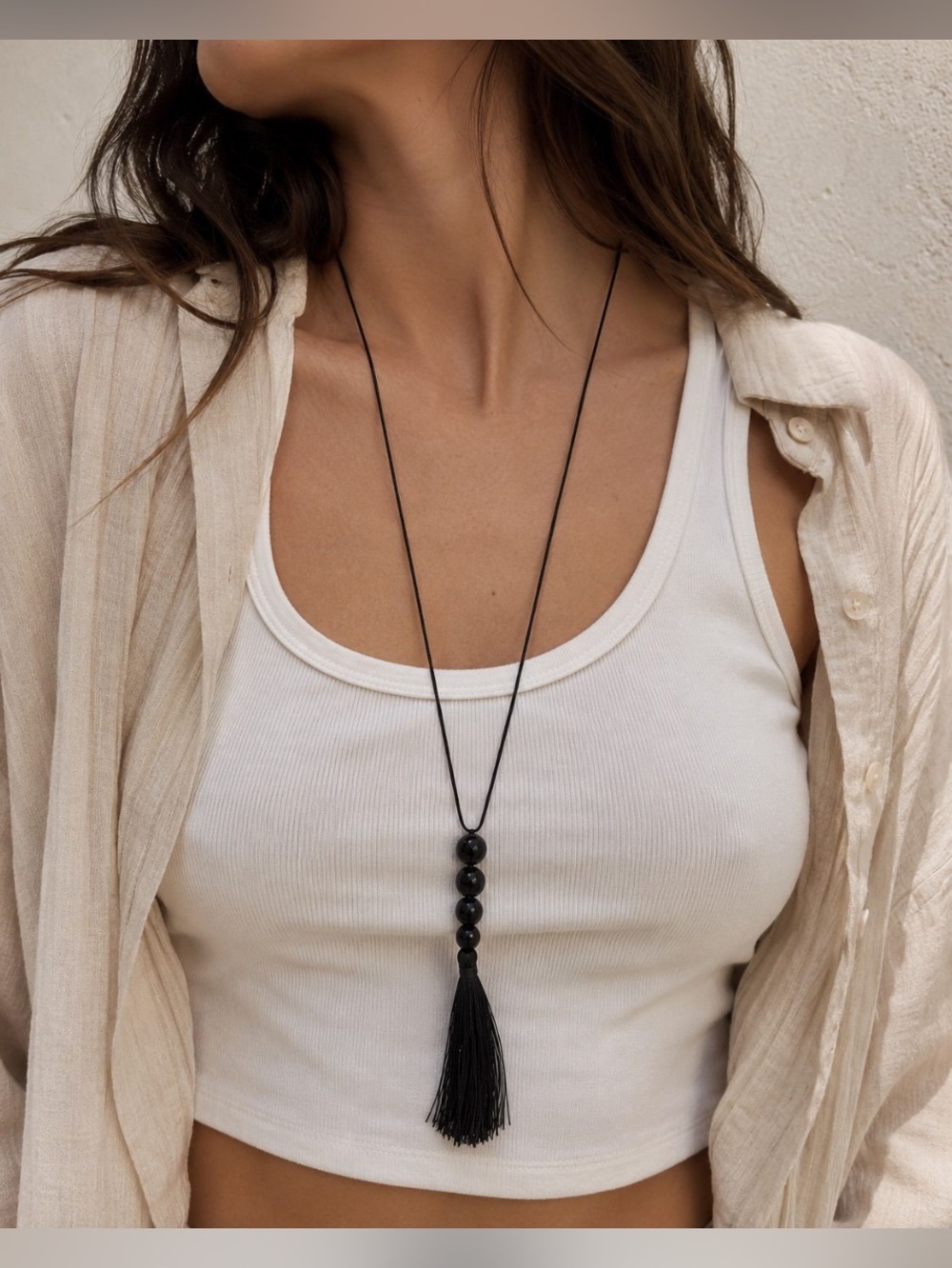 Black Beaded Tassel Long Necklace - Women Jewelry
